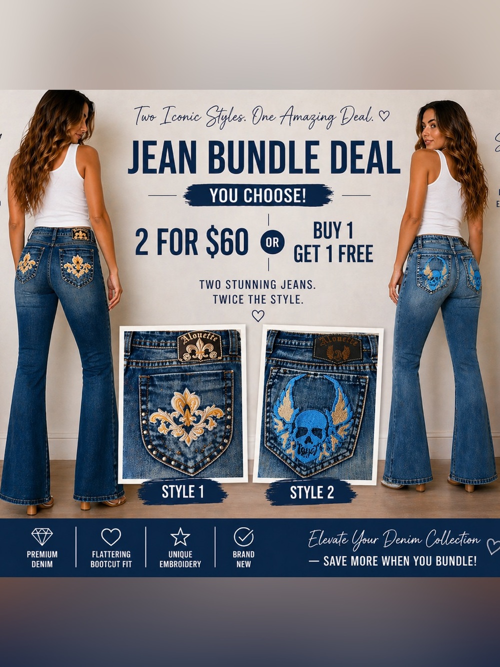 Women's Embroidered Bootcut Jeans - Blue